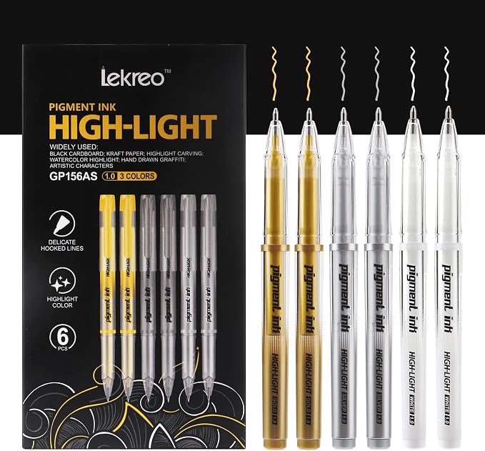 Gold Silver White Ink Gel Pens, 1mm Medium Fine Point, Opaque archival Ink Pen for Dark Paper Drawing,Sketching, Illustration, Card Making, Bullet Journaling (Assorted Color - 6 Packs)