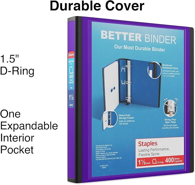 Staples Better Binder, 1.5" Heavy‑Duty D‑Ring 3‑Ring Binder, Purple, Reinforced Spine, Holds 400 Sheets, Reliable Organizer for Classes, Office & Projects, 3‑Pack
