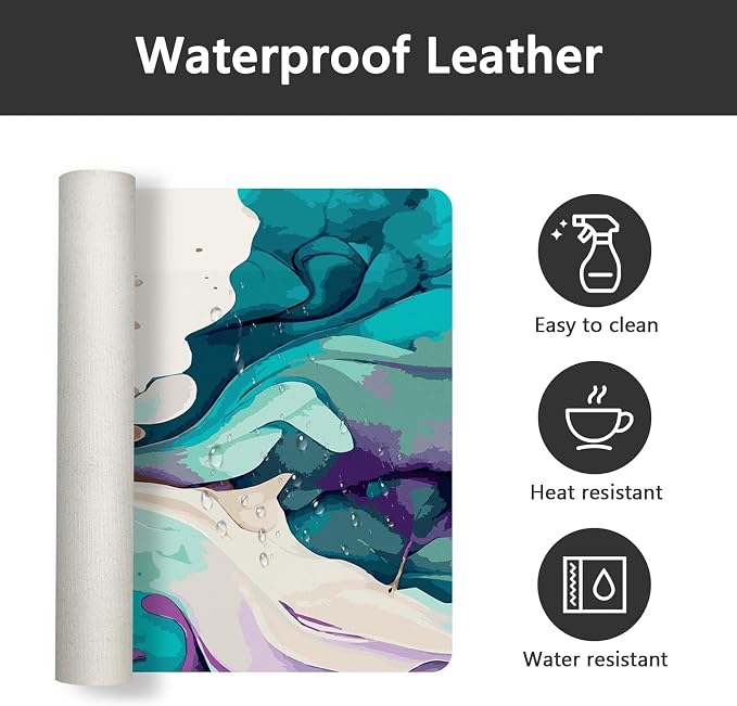 Britimes Teal and Purple Liquid Marble Desk Mat Colorful Deak Pad Non-Slip PU Leather Large Keyboard Mouse Pad Office Desktop Accessories for Office,Work,Home Decor(31.5"X15.7")
