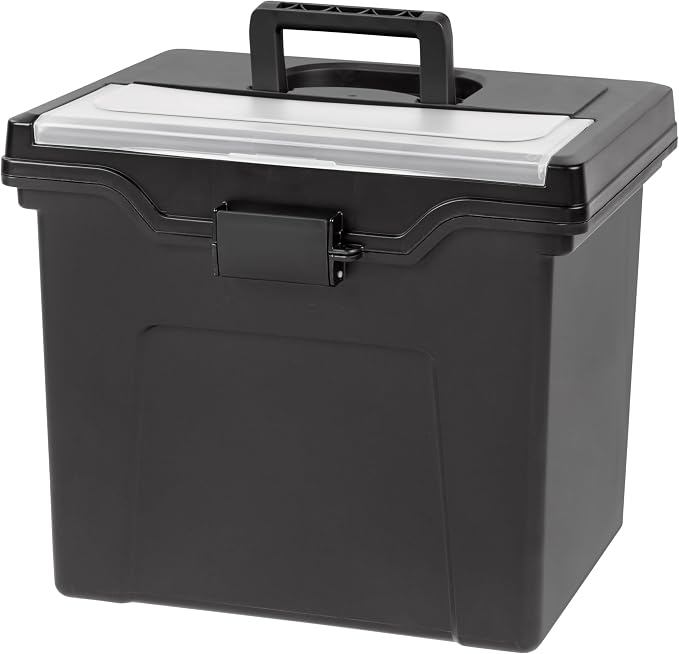 IRIS USA File Box Organizer with Lid, Letter File, Portable Handle, Black | Carry letter size files, documents and paperwork with a portable handle and secure lid for organized storage on the go