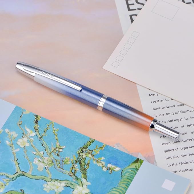 Jinhao 10 Press Fountain Pen with Box, Gradient Dark Blue Retractable Medium Nib with Ink Converter Set (Silver Clip)