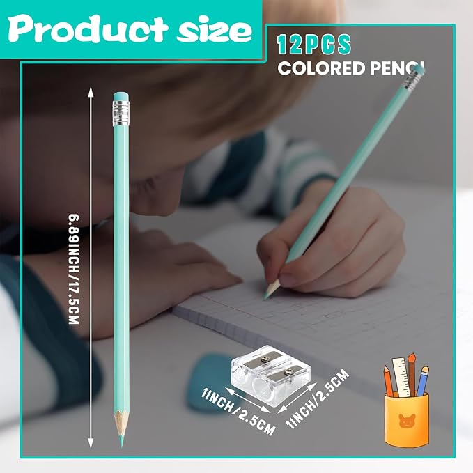 12 PCS Macaron Blue Colored Pencils with Eraser Pre Sharpened Pencil 2 HB - Ideal for Checking, Grading, Tests & Office/School Supplies