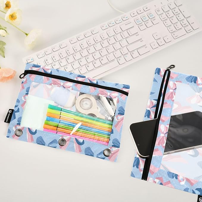 Pink Bow Blue Pattern Pencil Pouch for 3 Ring Binder 2 Pack Zipper Binder Pencil Bag with Clear Window Pencil Case for Office Supplies