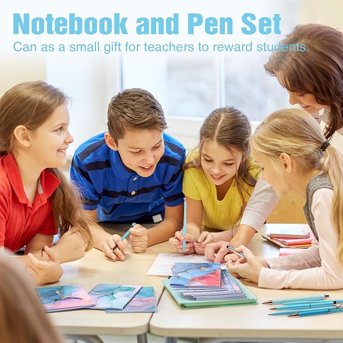 Pasimy 24 Pcs Marble Mini Notebooks with Ballpoint Pens Set Metal Crystal Diamond Pens Pretty Fancy Gifts Marble Pocket Notepads Mini Journals Notebooks Bulk for Women Students School Office