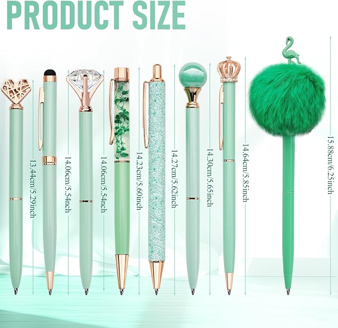 WEMATE 8Pcs Green Pens, Metal Crystal Diamond Pens with Black & Blue Ink | Cute Fancy Pens for Journaling, Office Supplies, Gifts for Women Girls, Birthday & Back to School Supplies