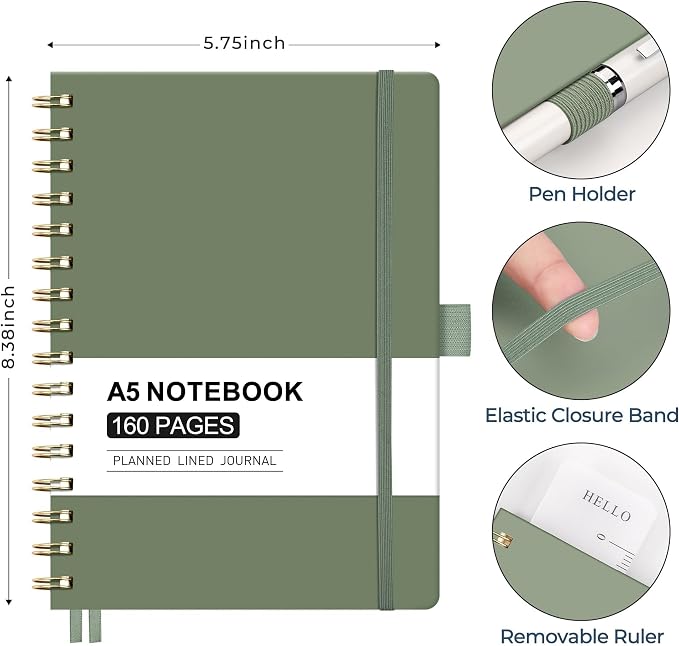 AHGXG Spiral Journal Notebook, 160 Lined Pages, A5 Size (5.7'' x 8.3'') | for Men & Women, Journaling, Writing, Work & Office, Hardcover, 100 GSM Thick Paper (Light Green)