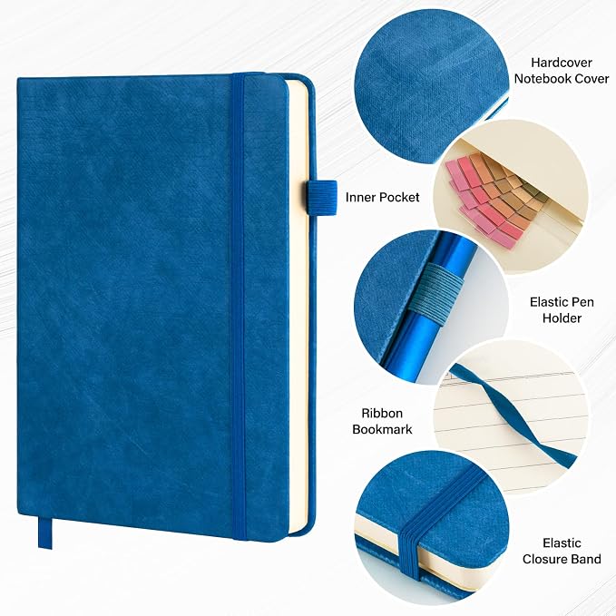 A5 Lined Journal Notebook Set with Pen & Sticky Notes, Hardcover Ruled Notebook 200 Pages Thick Paper, College Ruled Journal for Work Office School, 5.7 x 8.3 in, Blue