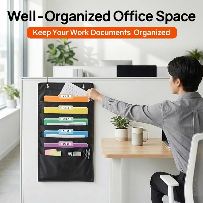 SUNEE 5 Pockets Hanging Wall File Organizer, Black Storage Pocket Chart for File Folder and Paper, Space Saver for Office and Classroom, with Wall Hangers, Over The Door Hooks, Labels