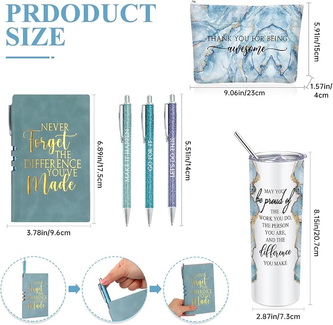 Domensi 6 Pcs Employee Appreciation Gift Set for Women Female Thank You Gift May You Be Proud 20 oz Rustic Marble Sign Tumbler Makeup Bag Journal for Boss Teacher Work Business(Blue)