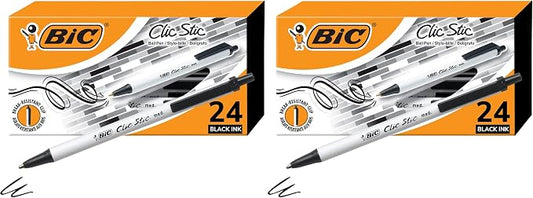 BIC Clic Stic Black Retractable Ballpoint Pens,Medium Point (1.0mm),Round Barrel Design for Comfortable Writing,24 Count (Pack of 2)