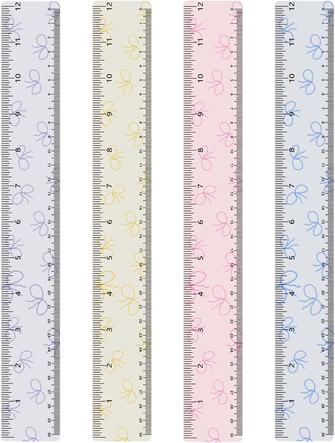 BAYTORY 4Pcs Transparent Acrylic Ruler 12 Inch, Plastic Straight Rulers | Shatterproof Student Stationery Centimeters with Inches, for Classroom Essentials School Supplies (Bowknot 12 Inch)