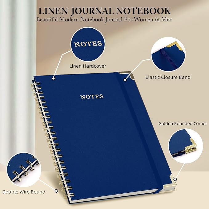 ALKALO A4 Large Spiral Notebook Journal, (8.5×11'') 100 Pages Linen Hardcover College Ruled Journaling For Work & Note Taking Thick Spiral Journal For Writing Daily Journal For Women & Men- Blue