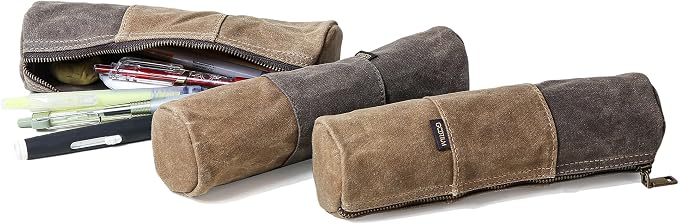GOOTIUM Waxed Canvas Pencil Pouch - Vintage Zippered Stationery Organizer for Pens, Pencils, and Accessories Handmade Multi-Purpose Utility Case, Tan