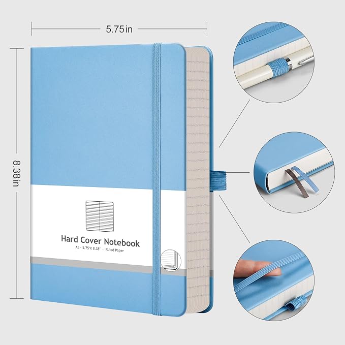 AHGXG Lined Journal Notebook, 320 Numbered Pages, A5 (5.75'' X 8.38'') | Thick Lined Notebook for Note Taking, 100GSM Paper, Leather Hardcover, for Women Men (Light Blue)