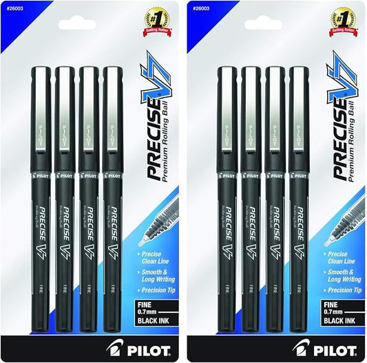 PILOT, Precise V7, Capped Liquid Ink Rollerball Pens, Fine Point 0.7 mm, Black Ink Pens, Pack of 8 - Ideal for School, Journaling & Office Writing