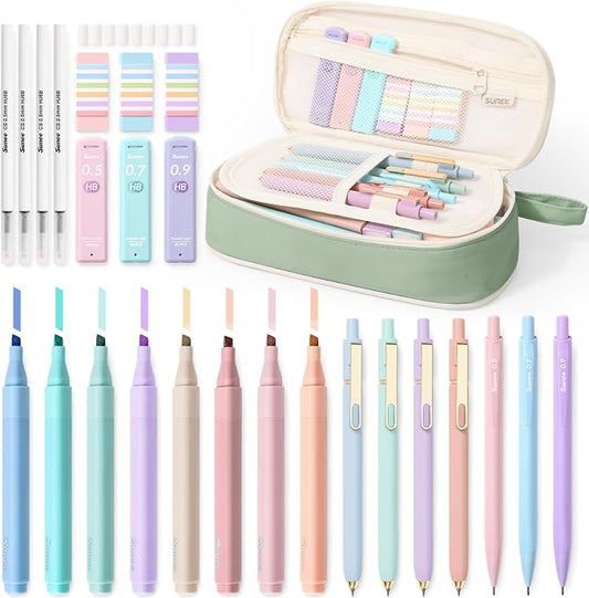 SUNEE 35PCS Aesthetic Stationery Set with Cute Pencil Case, Pastel Highlighters, Black Gel Pens, Mechanical Pencils & Refills, College School Supplies for Students Girls Green