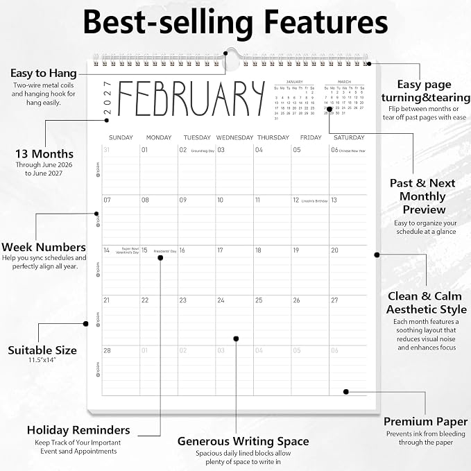 Guasslee Wall Calendar 2026-2027, 14"x11.5" Vertical Wall Calendar 2026, 13-Month Desk/Wall Calendar From 2026 Jun - 2027 Jun, Monthly Hanging Planner Spiral Bound For School Home Office Organizing