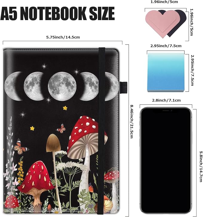 Hardcover Executive Notebooks, A5 PU Leather Lined Journal Notebook, 200 Pages Thick Paper Subject Notebooks for School,Work,Home Writing Business Notebook, Diary Book ，Mushroom
