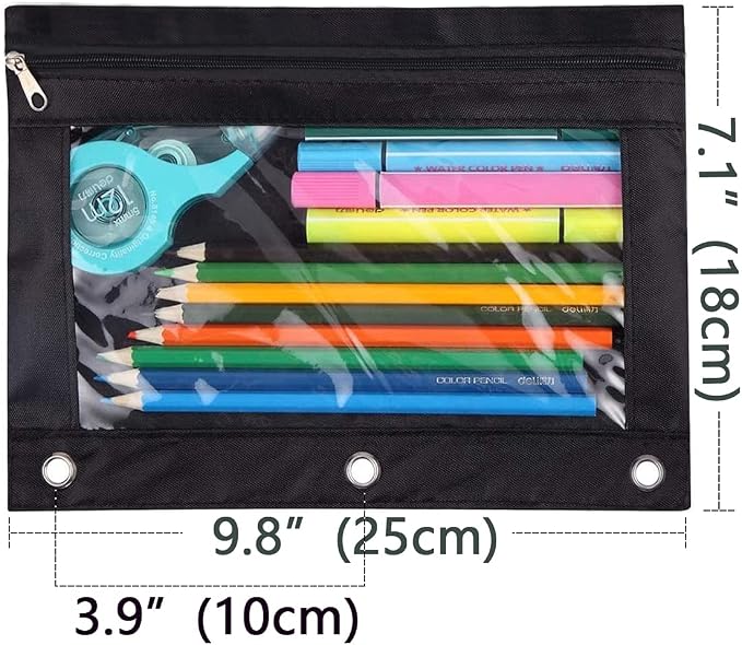 Zippered Binder Fabric Pencil Pouch | 3 Rings with Clear Window for School Classroom Organizers 8 pack (Black)