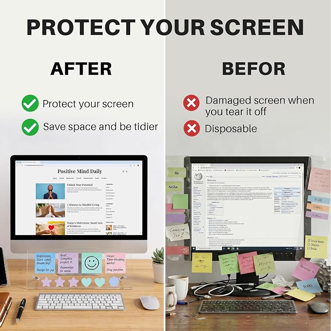 Monitor Memo Board Holder 14"x5", 2pcs Office Organization Memo Holders for Computer Sticky Note Holder, Space-Saving Under Monitor, Movable & Reusable, Screen Saver for Office & Home Desktop Decor