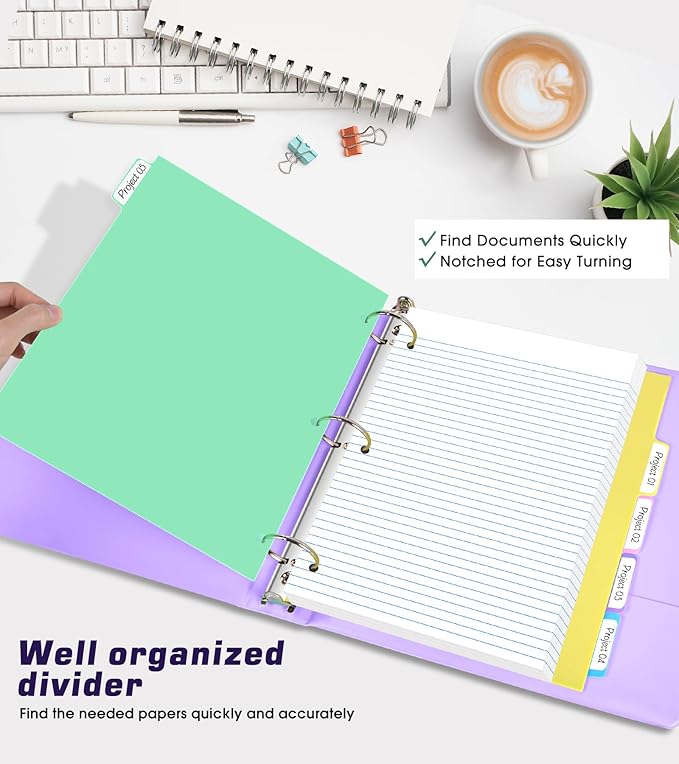 3 Ring Binder 2 inch，Cute Binder Organizer with 5 Tab Dividers Fits 175 Sheets of 8.5x11 Paper, Customizable Clear Cover with Inside Pockets, Aesthetic 2" Three Ring Binders for School Office，Purple