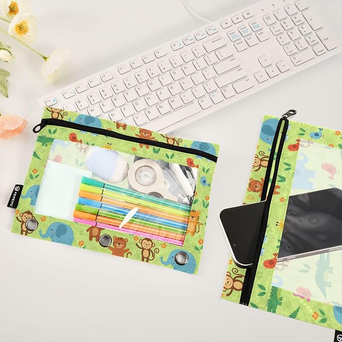 Emelivor Cartoon Animals Green Pencil Pouch for 3 Ring Binder 2 Pack Binder Pencil Case with Clear Window Pencils Bags with Zipper for Office Daily College Home Supplies