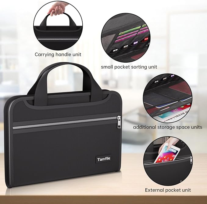 Tamfile Fireproof Accordion File Organizer with Handle, 13 Pocket Transparent Expanding File Folder with Zipper & Labels, File Folder with Multi-Pockets Paper Organizer Folder for Letter A4 Files