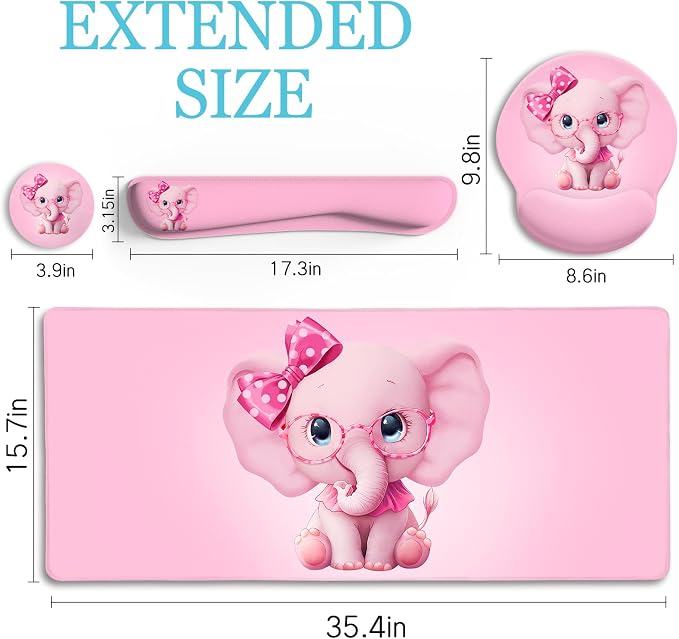 LIMKRIAN Elephant Mouse Pad Large Desk Mat Set, Kawaii Pink Desk Decor | Ergonomic Mouse Pad Wrist Rest, XXL Computer Mat Keyboard Wrist Support, Coaster, Elephant Office Supplies Desk Accessories