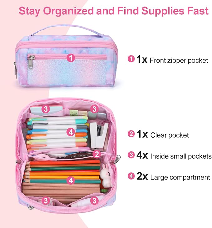 Large Pencil Case for Girls - Aesthetic Pencil Pouch for School | Kids Pencil Case & Wide Handle, Water Resistent Organizer Box,Fits 50 Pens & Markers, Daily Use, Pink Tie Die
