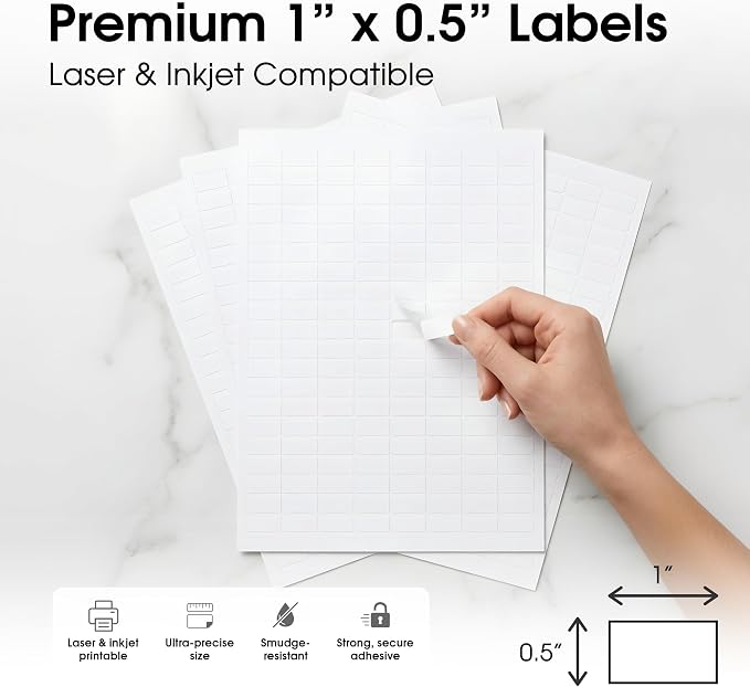 1" X 0.5" Matte White Printable Barcode Labels (100 Sheets, 16000 Stickers) | UPC Labels and Price Tags for Laser & Inkjet Printers - Spartan Industrial Template R001