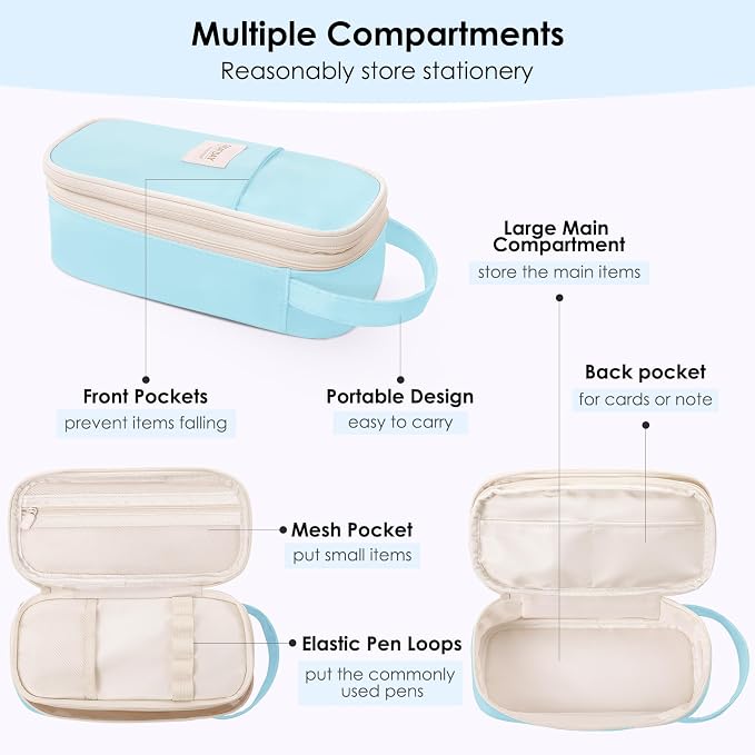 SKYDUE Light Blue Pencil Case for Girls & Boys - Aesthetic Pencil Bag with Multi-Compartment, Large Capacity Zippered Pencil Pouch for School Supply