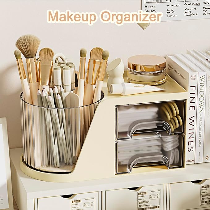 SAYEEC Rotating Desk Organizer with 2 Drawer, 6 Slots Multi-Functional Pencil Pen Holder, Desktop Makeup Organizer Stationery Accessories Storage Box Caddy for Office School Home Art Supplies (Beige)