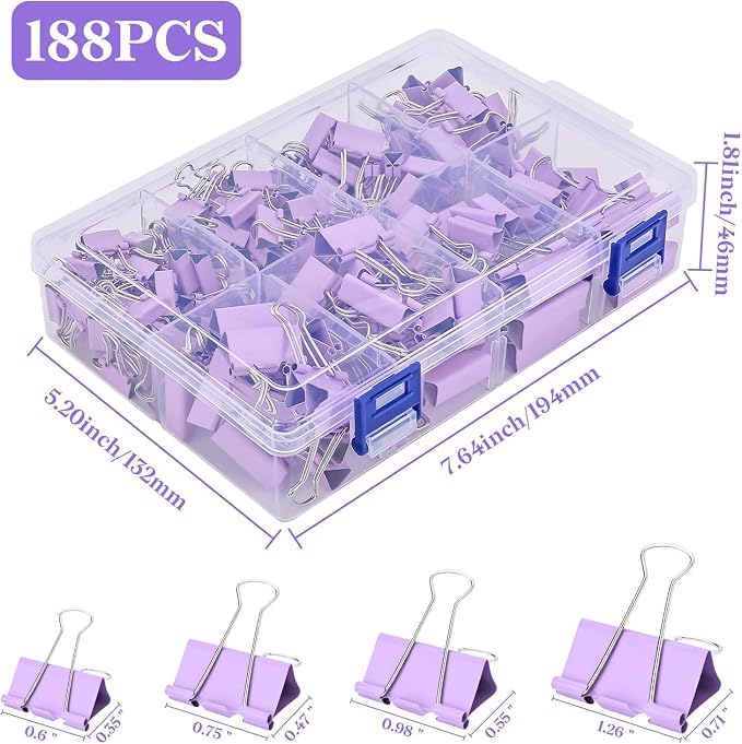 Temiary 188 Pcs Binder Clips with Container, Assorted 4 Sizes Clamp, Purple | 0.6 & 0.75 & 0.98 & 1.26 Inch Metal Binder Clip in One Pack, Paperwork Clamp Bulk for Office, Home, School