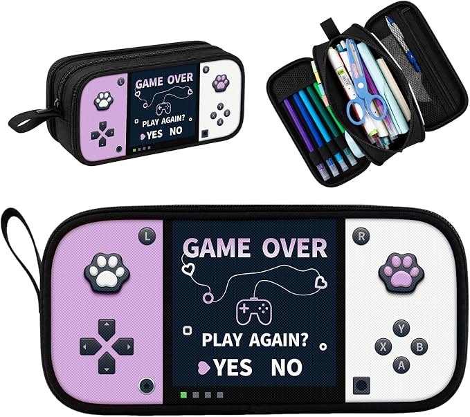 Game Controller Pencil Case for Boys Kids Teens, Large Capacity Pencil Pouch with 3 Compartments, 7 Pockets and Label Pocket for School College Office Travel (Purple & White)
