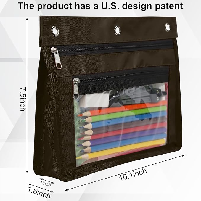 YoeeJob 2 Pack 1 Inch Expandable Zipper Pencil Pouches with Clear Window for 3 Ring Binder, Suitable for School & Office（Coffee Color）