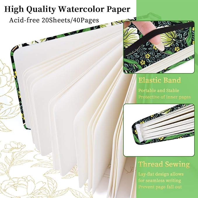 5x5 Handy Portable Handmade Cloth Fabric Hardcover Sewing Binding Travel Watercolor Paper 140LB/300gsm 20Sheets/40Pages Journal Mixed Media Pad Sketchbook. Morris Vine