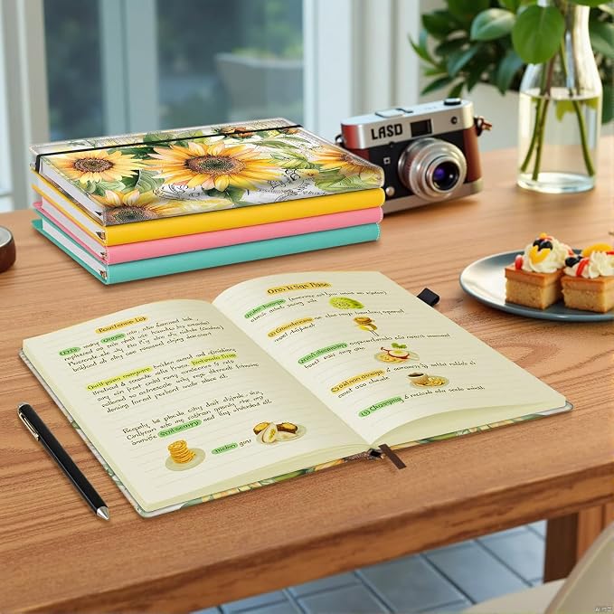 Hardcover Executive Notebooks, A5 PU Leather Lined Journal Notebook, 200 Pages Thick Paper Subject Notebooks for School,Work,Home Writing Business Notebook, Diary Book ，Retro Sunflowers