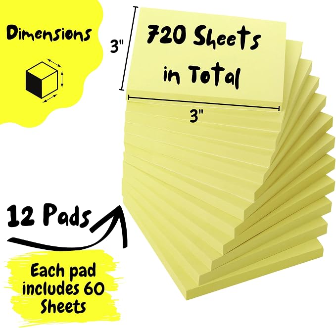 Mr. Pen- Sticky Notes, 3"x3", 12 Pads, 720 Sheets, Pastel Yellow Colors | Sticky Notes Bulk, Self-Stick Note Pads, Perfect for Office, School, Home, Study & Organization