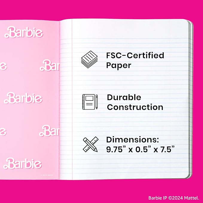 Yoobi Barbie X College Ruled Composition Notebook Set – 3-Pack of Kids 1 Subject Notebooks, Allover Print Designs – 100 Sheets Each, For School, Office & Home – 9.75” x 7.5”