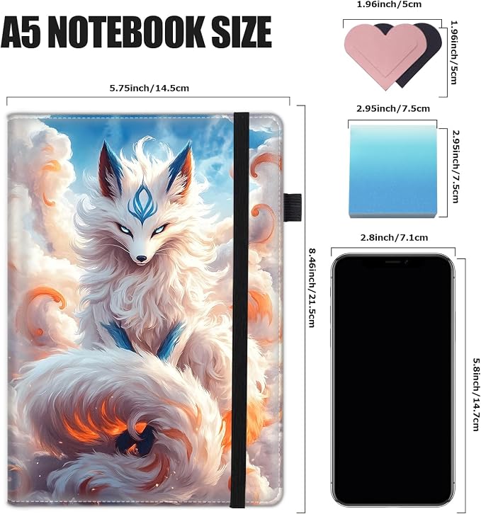 Hardcover Executive Notebooks, A5 PU Leather Lined Journal Notebook, 200 Pages Thick Paper Subject Notebooks for School,Work,Home Writing Business Notebook, Diary Book ，Fox Kitsune Japan