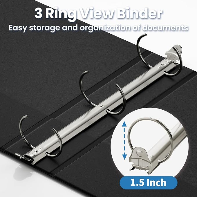 SUNEE 1.5 Inch Binders 3 Ring 12 Pack Bulk, PVC-Free Clear View 1 1/2 Inch Binders (Fits 8.5x11 Inches) for School, Office & Home Use, Black