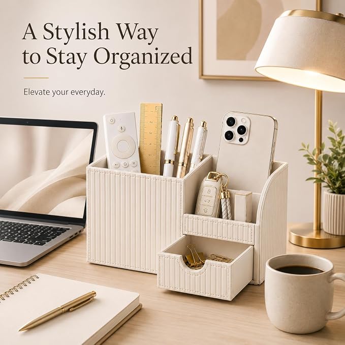 KINGFOM Luxury PU Leather Desk Organizer with Drawer, Modern Aesthetic Office Desk Accessories for Women, Multi-Compartment Pen Holder & Desktop Storage Organizer for Home Office, Cream White