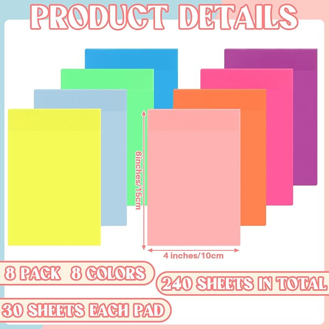 Yinder 4 x 6 Inch Transparent Sticky Notes Translucent Sticky Notes 240 Sheets Waterproof Clear Self Memo Pad See Through Back to School Bible Journaling Accessories Office School Supply(Bright)