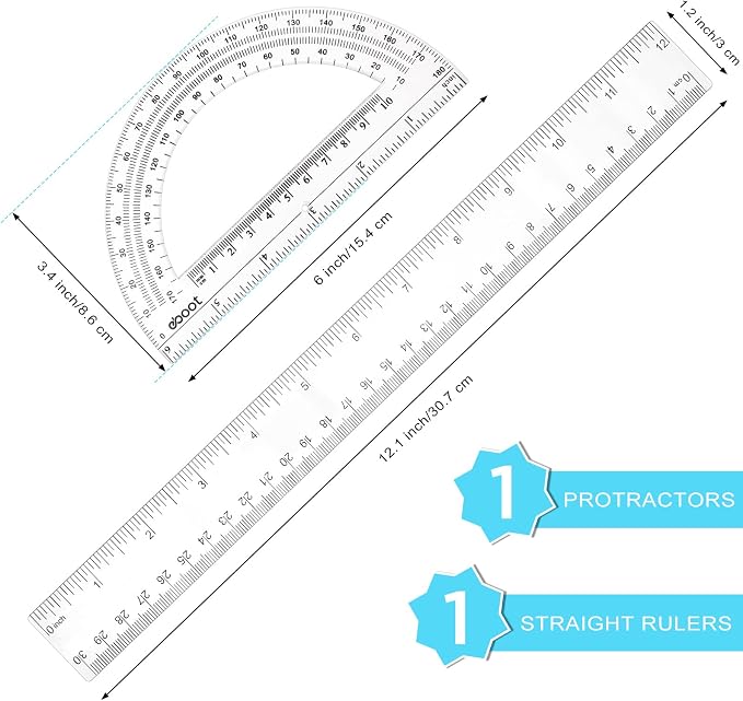 Zonon 2 Pcs 12 Inch Clear Ruler and 6 Inch Plastic Protractor Set, Dual Scale Inch/Cm Math Geometry Measuring Tools for Back to School Students Teachers Classroom Office Drafting Use(Clear)