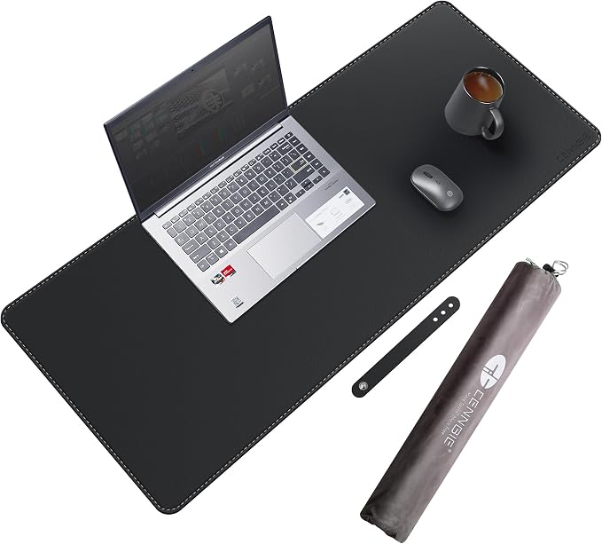 CENNBIE Leather Desk Mat Protector, 35.5" x 16" Office Desk Pad (Black) | Premium stitched edges resist wear. Easy to clean. Protects desk from spills, stains ,scratches. Smooth glide. Office & home.