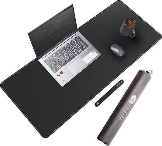 CENNBIE Leather Desk Mat Protector, 35.5" x 16" Office Desk Pad (Black) | Premium stitched edges resist wear. Easy to clean. Protects desk from spills, stains ,scratches. Smooth glide. Office & home.