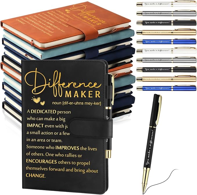 Kosiz 20 Pcs/10 Sets Employee Appreciation Gift Bulk A5 Leather Notebook Inspirational Journal Pen Thank You Gift for Men Women Coworker Teacher Office Back to School(Multicolor,Difference Maker)