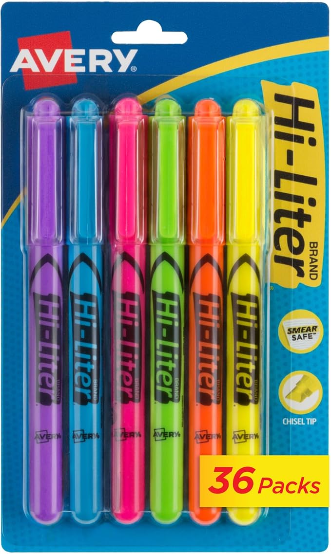 Avery Hi-Liter Pen-Style Highlighters, Smear Safe Ink, Chisel Tip, Assorted Fluorescent Colors (Purple, Blue, Pink, Green, Orange, and Yellow), 6 Highlighters per Pack (6-Pack of 23585)