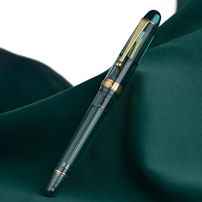 Asvine V126 Vacuum Filling Fountain Pen, Transparent Teal Acrylic Stub Nib 1.1mm Calligraphy Art Drawing with Case Set