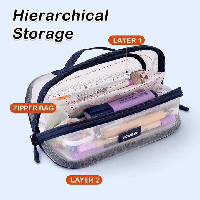 CICIMELON Transparent Mesh Pencil Pouch with Handle Big Case Clear Pen Bag College Essentials School Supplies, Navy
